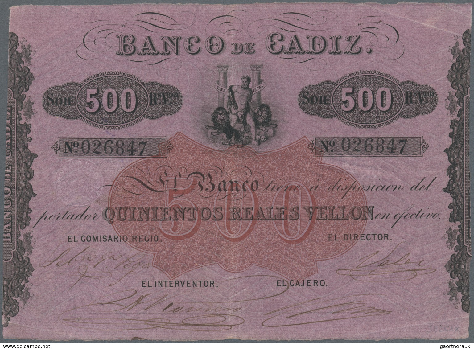 Spain / Spanien: Banco De Cadiz 500 Reales Vellon ND(1847), P.S293 With Some Bank Stamps On Back, Ot - Other & Unclassified