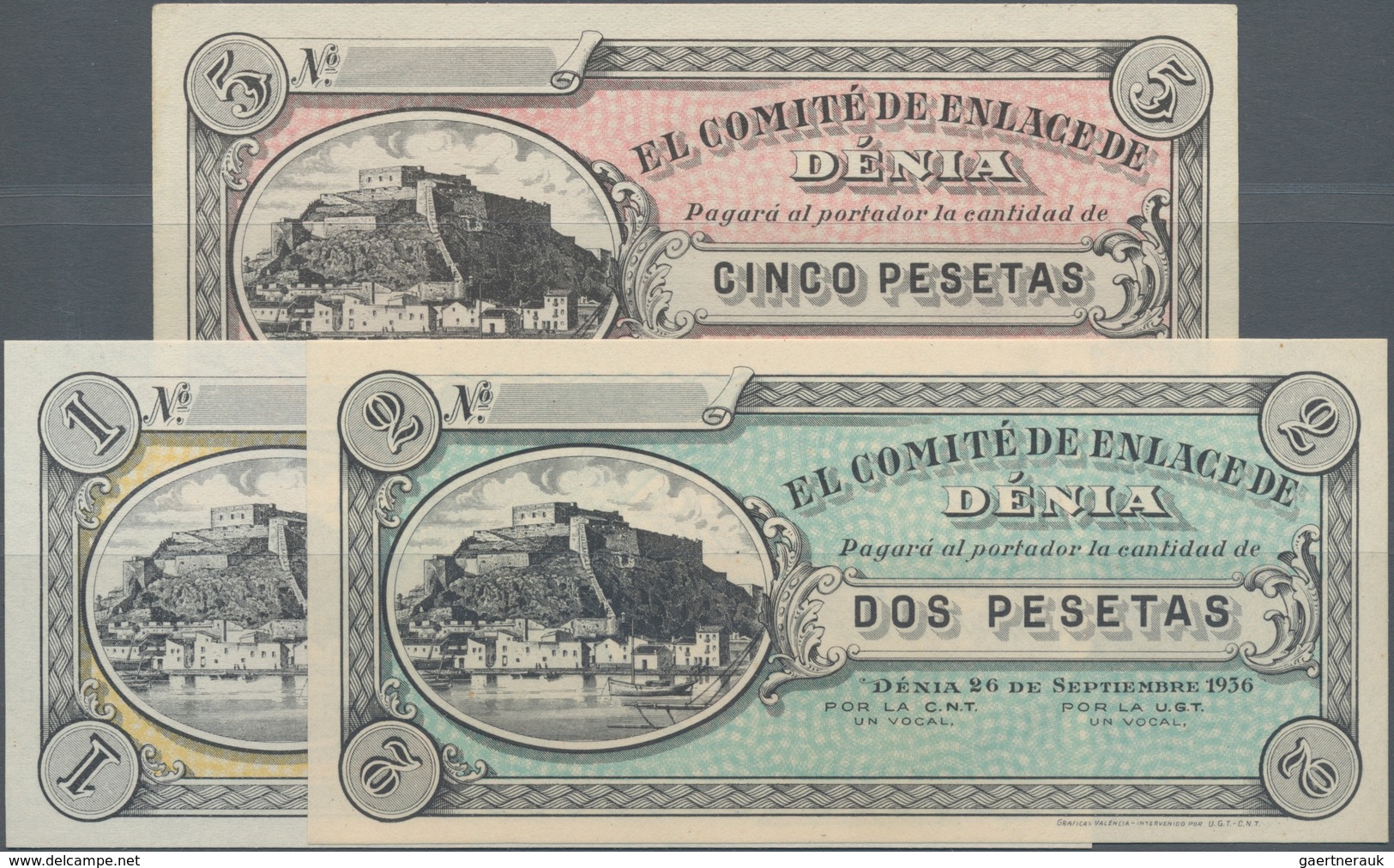 Spain / Spanien: El Comité De Enlage De Dénia Set With 1, 2 And Pesetas 1936, P.NL In XF To UNC Cond - Otros & Sin Clasificación