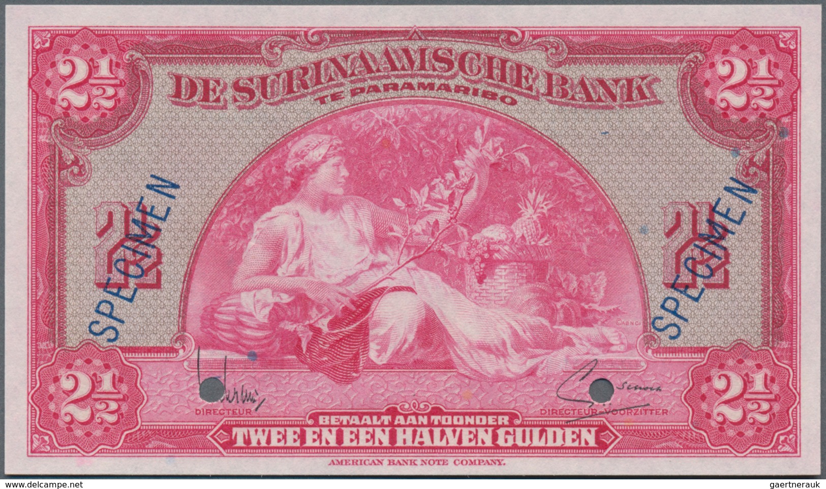 Suriname: De Surinaamsche Bank 2 ½ Gulden 1942 SPECIMEN, P.87bs With Serial Number 00000, Punch Hole - Surinam