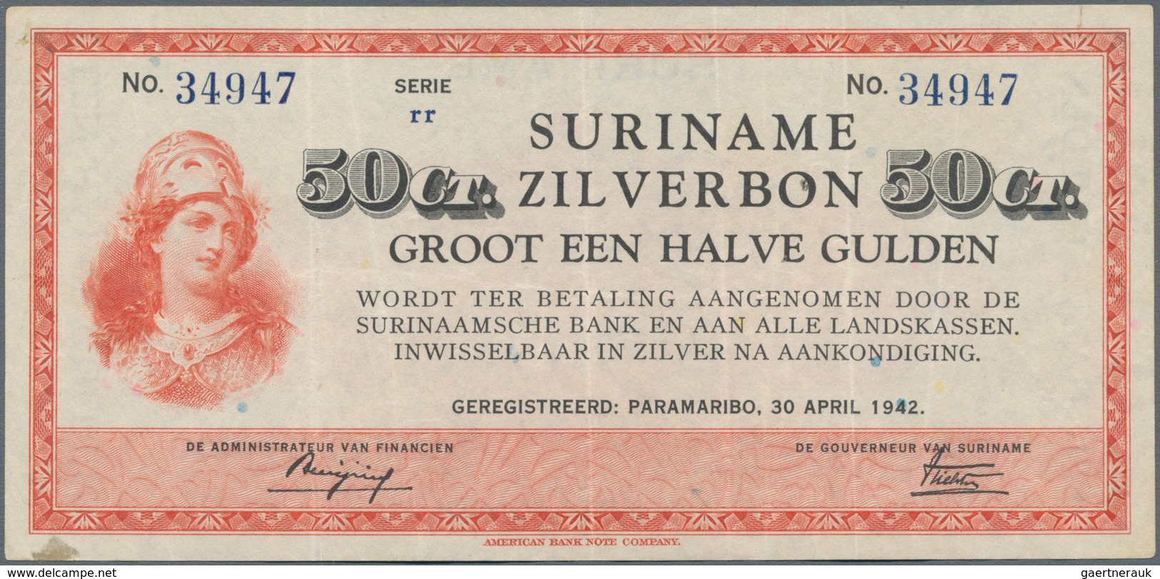 Suriname: 50 Cent 1942 Serie "rr", P.104c In VF/XF. Highly Rare In This Condition. - Suriname