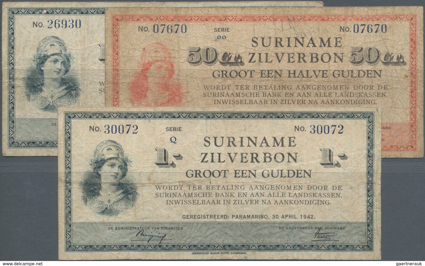 Suriname: Set With 3 Banknotes 50 Cent And 2x 1 Gulden 1942, P.104c, 105c In Condition: F/F- (3 Pcs. - Suriname