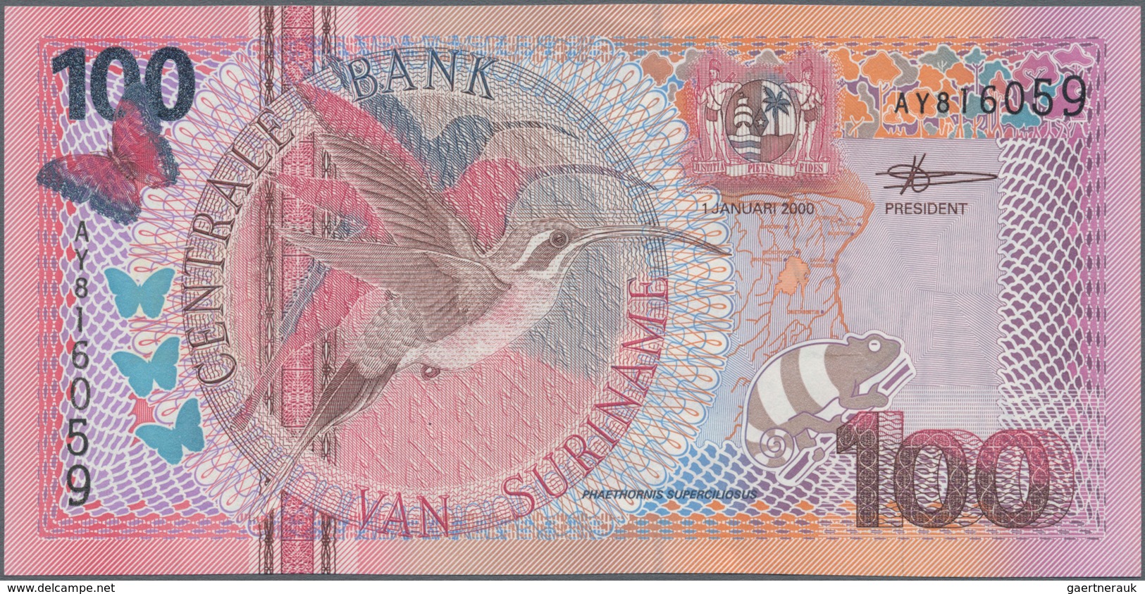 Suriname: Central Bank Van Suriname Set With 3 Banknotes Of The Bird Series 2000 With 100, 500 And 1 - Surinam