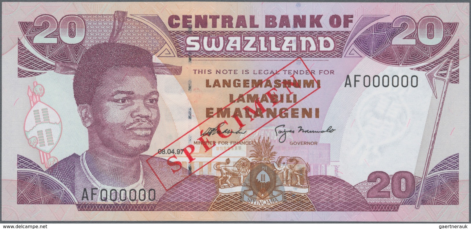 Swaziland: Pair With Monetary Authority Of Swaziland 10 Emalangeni ND(1974) SPECIMEN P.4s (UNC) And - Otros – Africa
