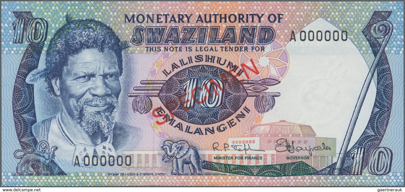 Swaziland: Pair With Monetary Authority Of Swaziland 10 Emalangeni ND(1974) SPECIMEN P.4s (UNC) And - Otros – Africa