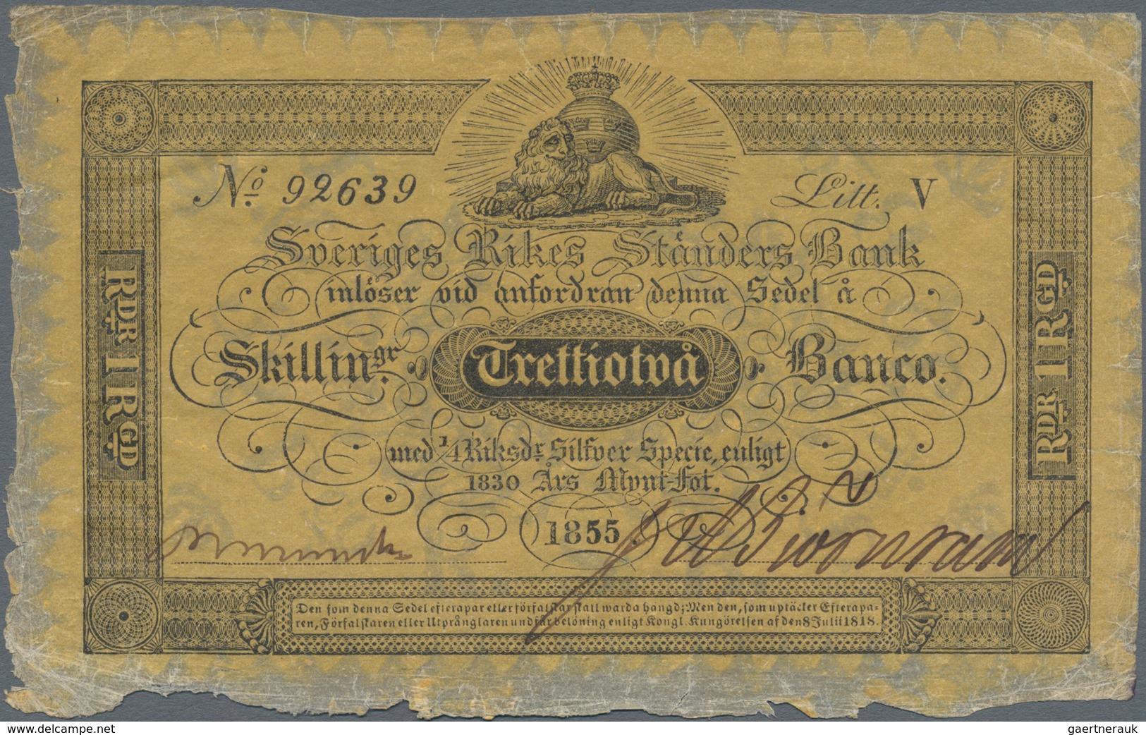 Sweden / Schweden: Sveriges Rikes Ständers Bank 32 Skillingar Banco 1855 With Printed Serial Numbers - Zweden
