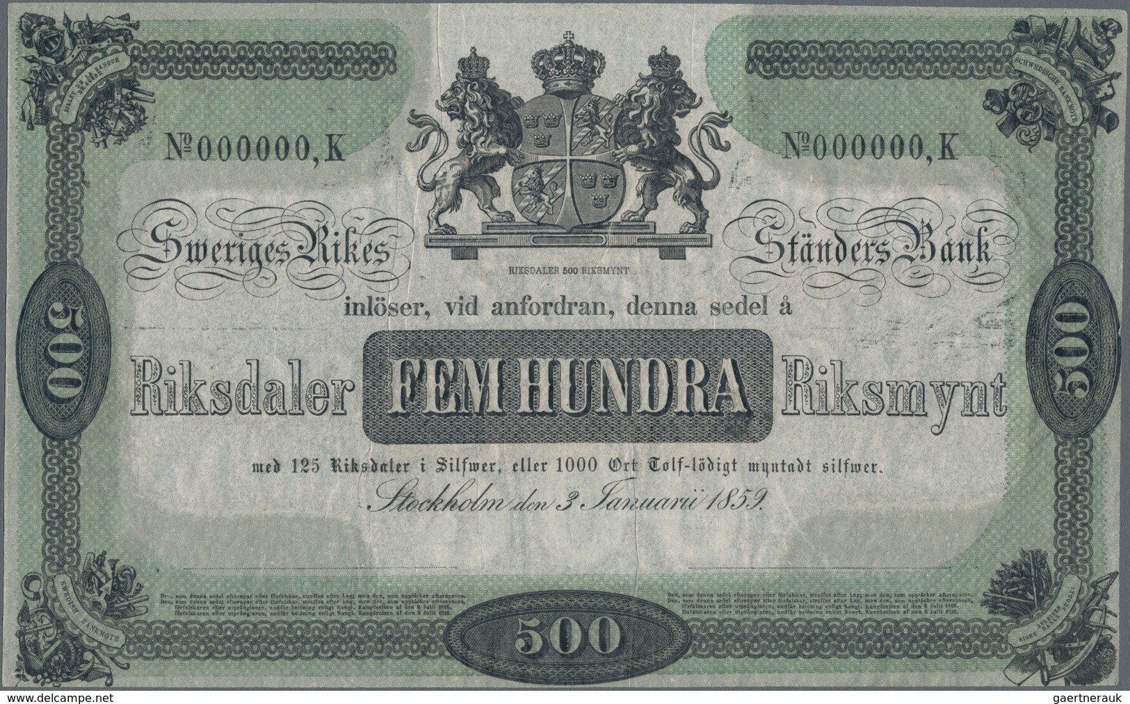 Sweden / Schweden: Sveriges Rikes Ständers Bank 500 Riksdaler 1859 SPECIMEN, P.A136s, Extraordinary - Schweden