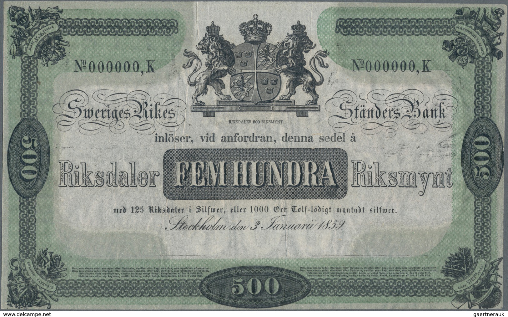 Sweden / Schweden: Sveriges Rikes Ständers Bank 500 Riksdaler 1859 SPECIMEN, P.A136s, Extraordinary - Zweden