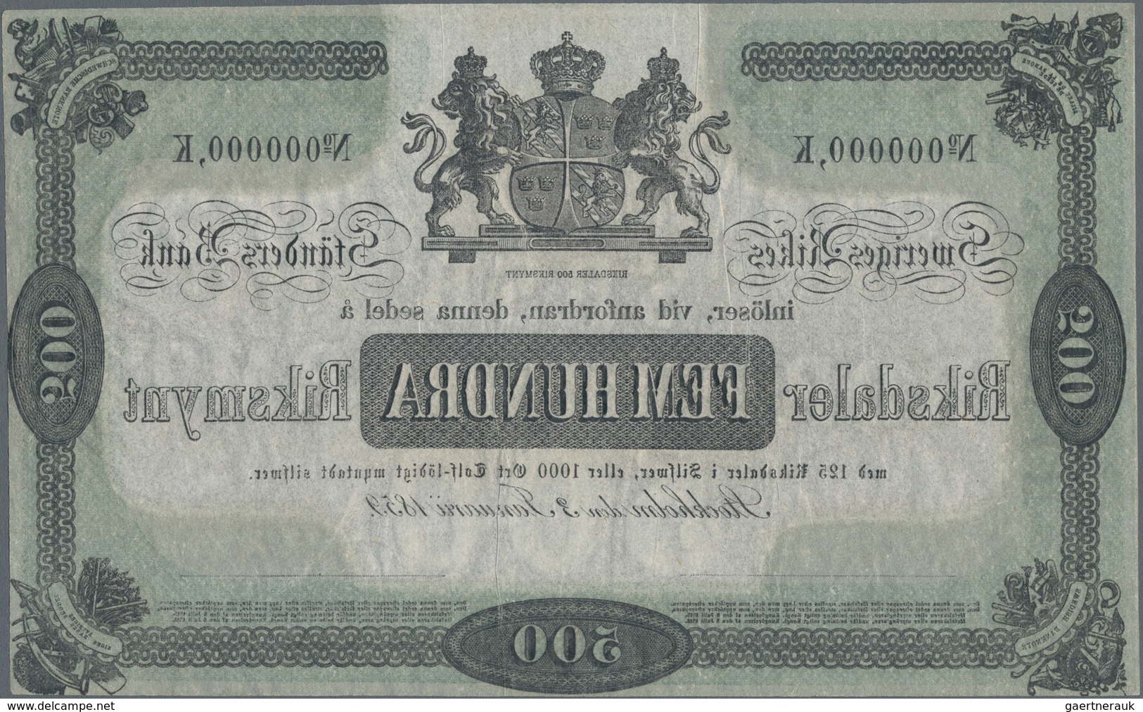 Sweden / Schweden: Sveriges Rikes Ständers Bank 500 Riksdaler 1859 SPECIMEN, P.A136s, Extraordinary - Suecia