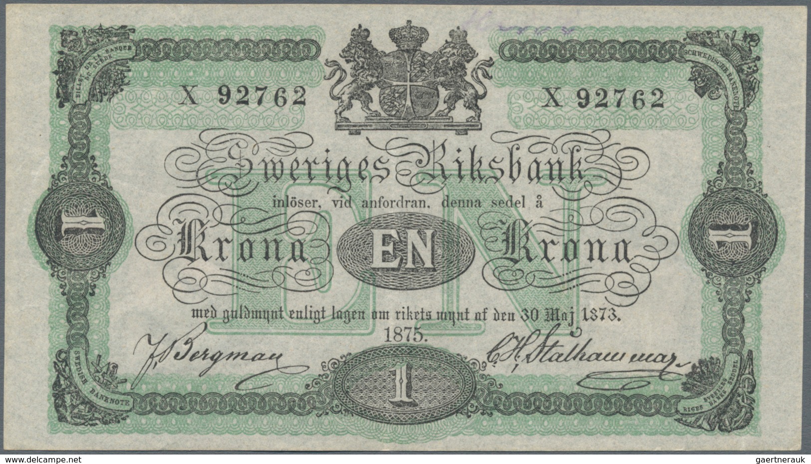 Sweden / Schweden: Sweriges Riksbank 1 Krona 1875, P.1b, Excellent Condition With A Few Minor Crease - Zweden