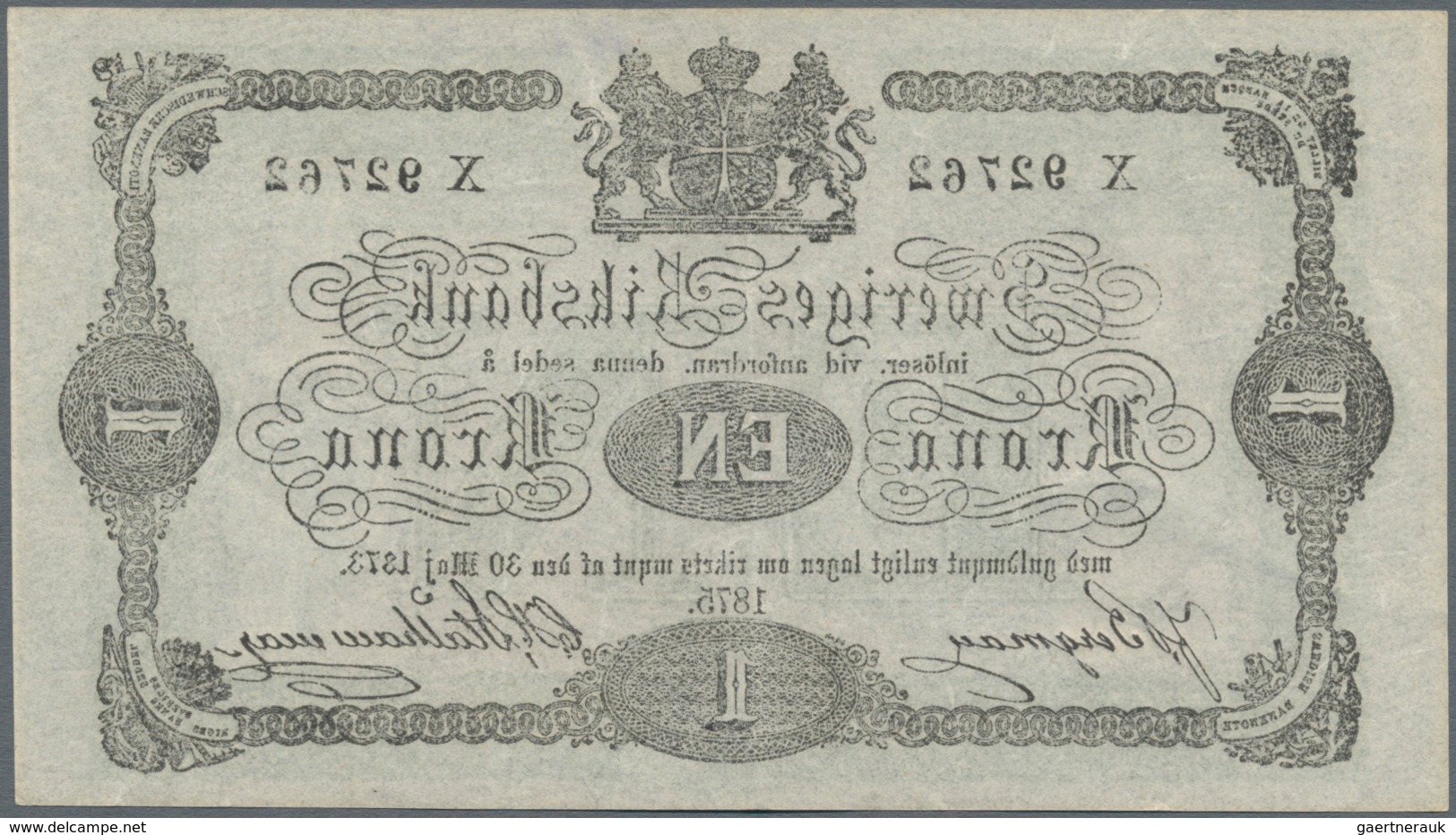 Sweden / Schweden: Sweriges Riksbank 1 Krona 1875, P.1b, Excellent Condition With A Few Minor Crease - Suecia