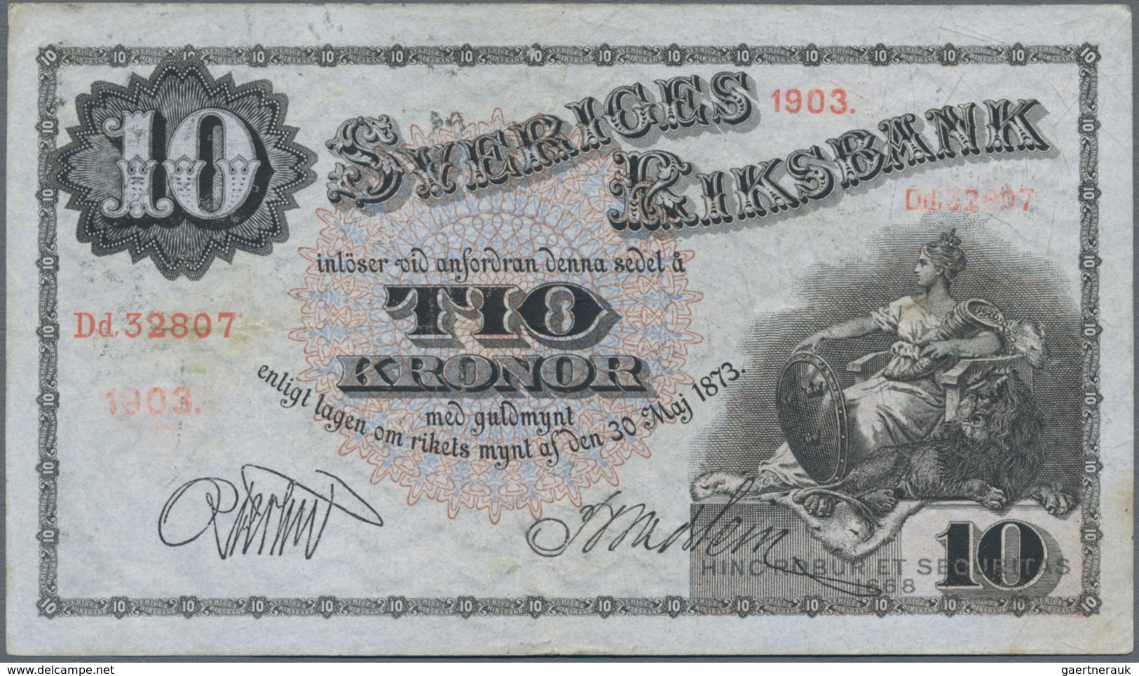 Sweden / Schweden: Sveriges Riksbank 10 Kronor 1903, P.20f, Vertically Folded, Tiny Dint At Upper Le - Schweden