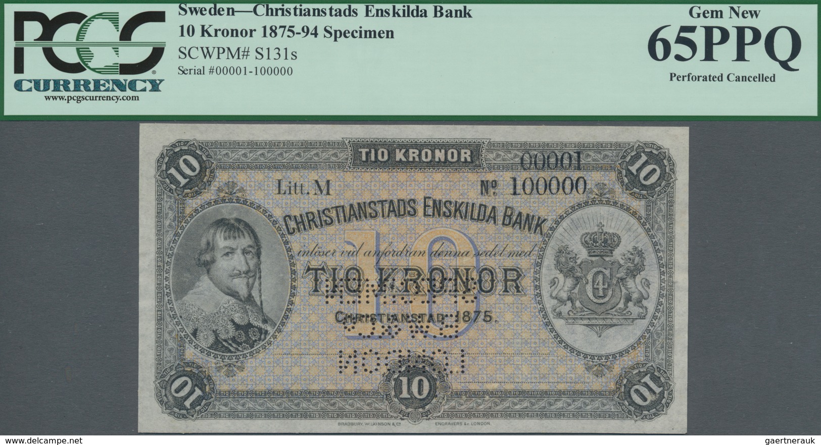 Sweden / Schweden: Christianstads Enskilda Bank 10 Kronor 1875 SPECIMEN, P.S131s With Zero Serial Nu - Zweden