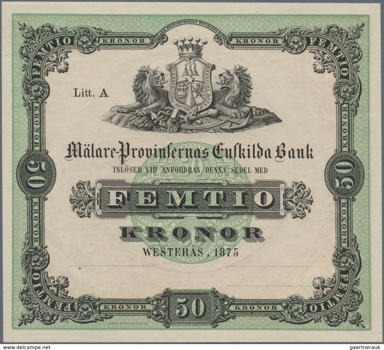 Sweden / Schweden: Mälare Provinsernas Enskilda Bank 50 Kronor 1875 Remainder Without Signatures And - Suecia