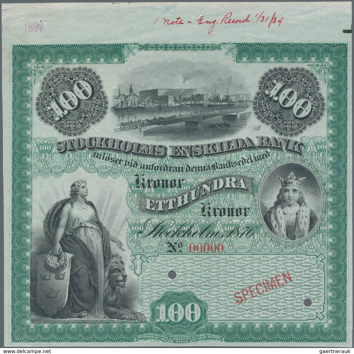 Sweden / Schweden: Stockholms Enskilda Bank 100 Kronor 1876 SPECIMEN, P.S513s, Red Serial Number 000 - Schweden