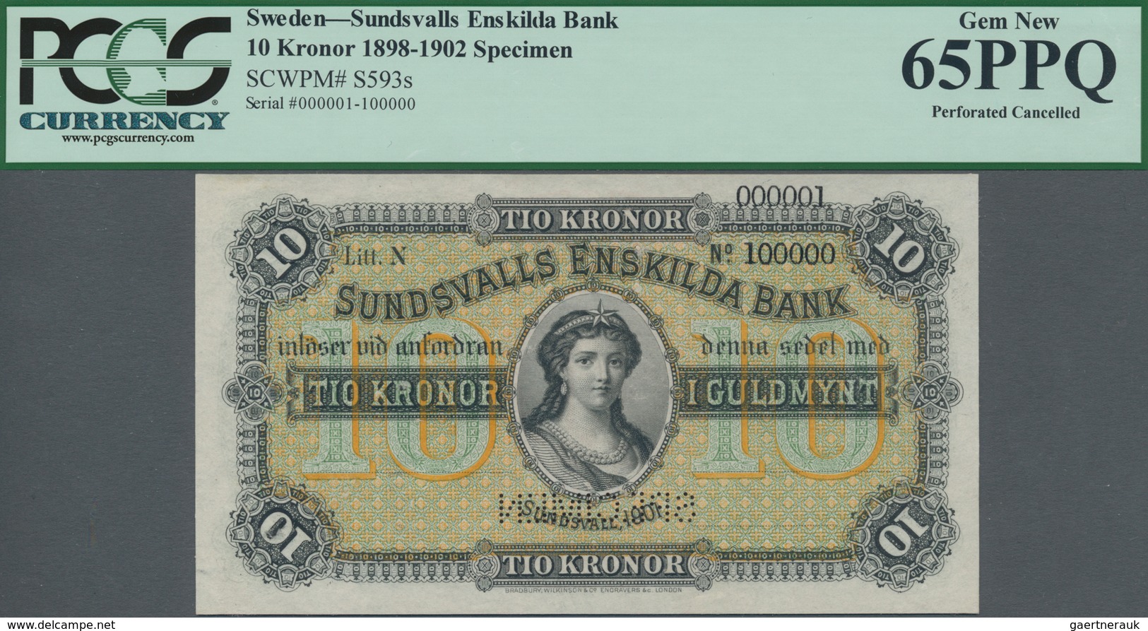 Sweden / Schweden: Sundsvalls Enskilda Bank 10 Kronor 1901 SPECIMEN, P.S593s, Serial Number 000001-1 - Schweden