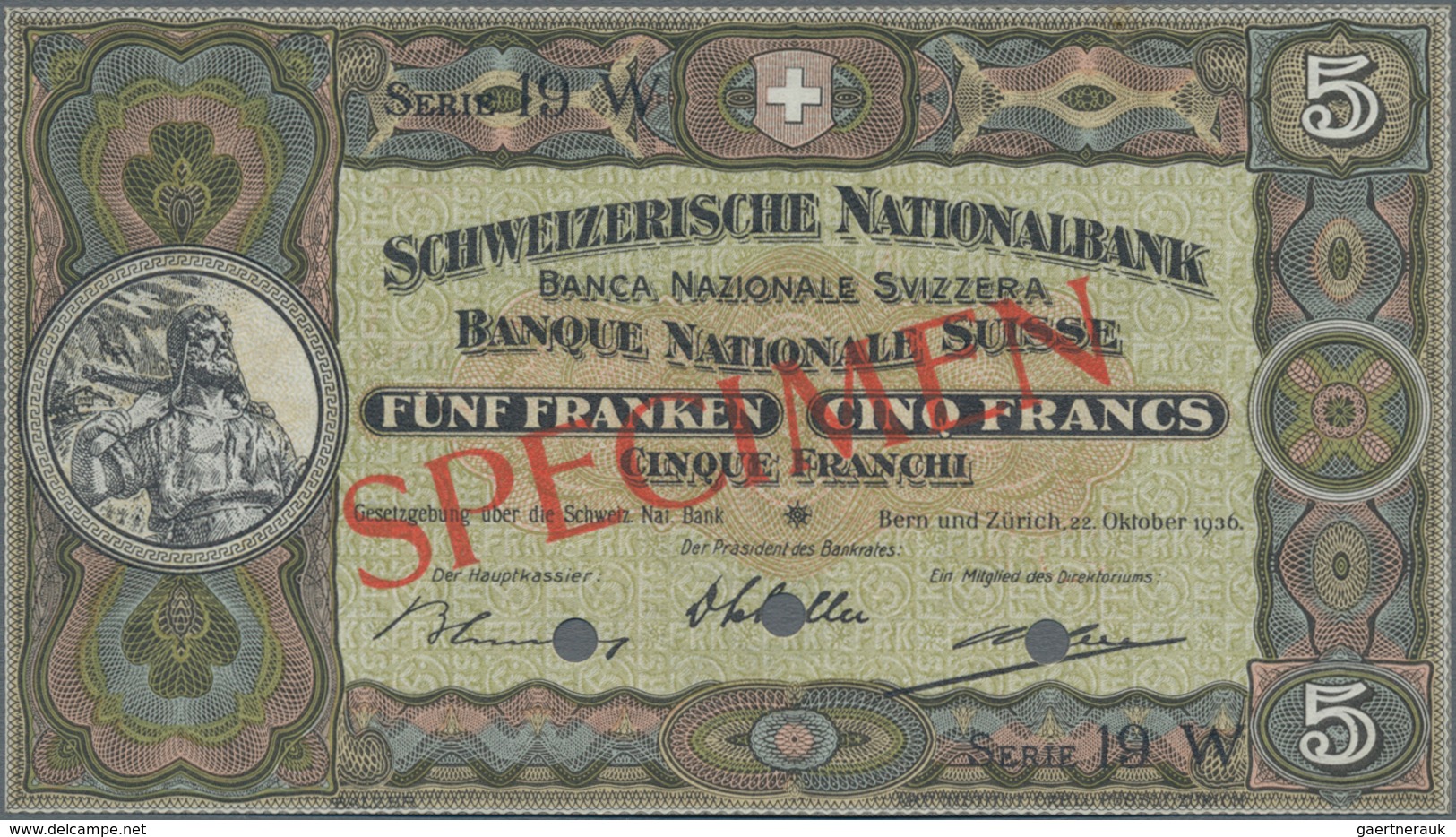 Switzerland / Schweiz: Schweizerische Nationalbank 5 Franken 1936 SPECIMEN, P.11hs With Punch Hole C - Suiza