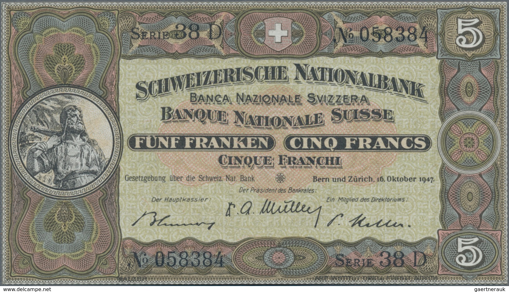 Switzerland / Schweiz: Schweizerische Nationalbank 5 Franken 1947, P.11m In Perfect UNC Condition. - Suiza