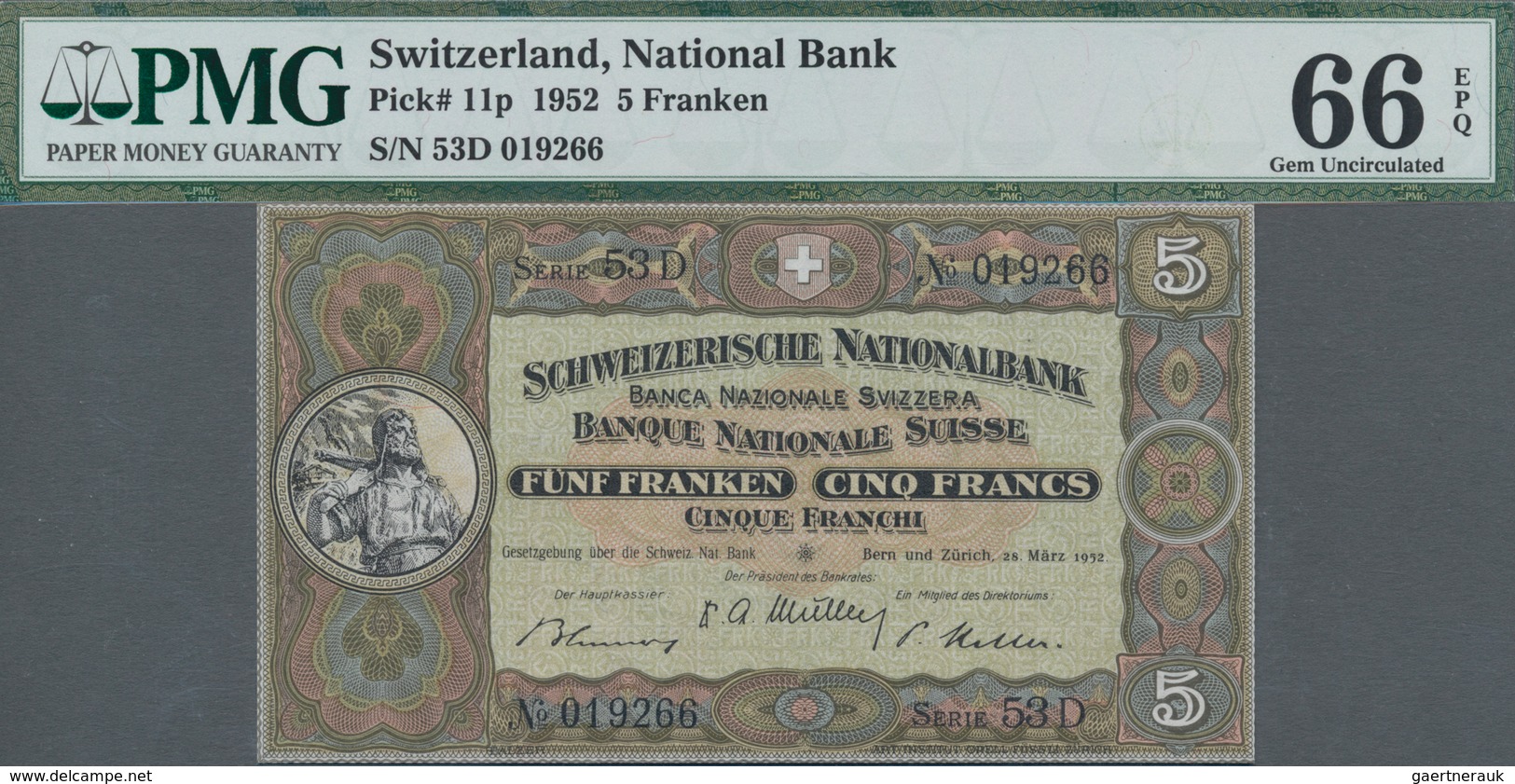 Switzerland / Schweiz: 5 Franken 1952, P.11p In UNC, PMG Graded 66 Gem Uncirculated EPQ - Suiza