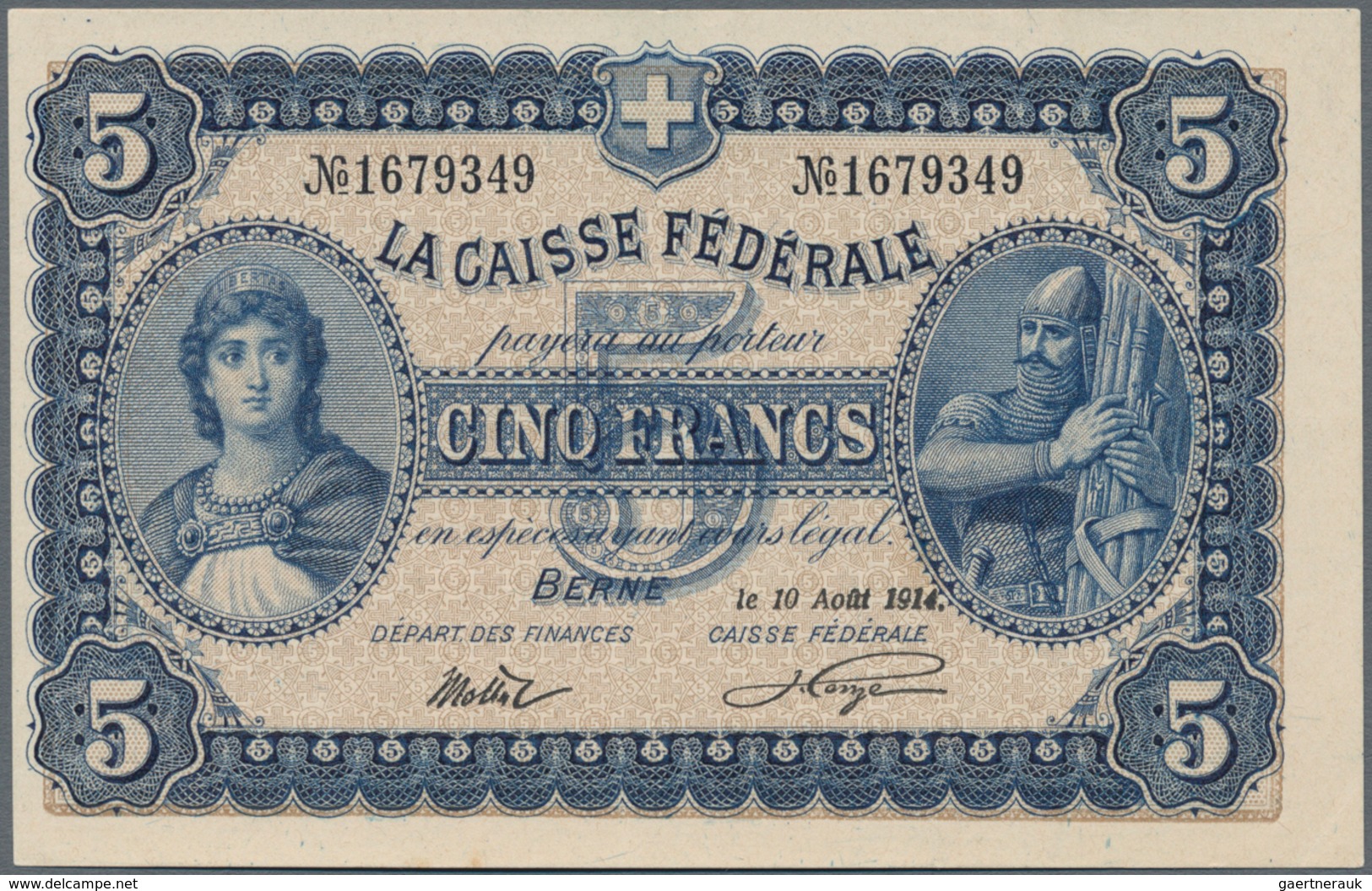 Switzerland / Schweiz: La Caisse Fédérale 5 Francs 1914 With French Text On Front, P.14, Almost Perf - Schweiz