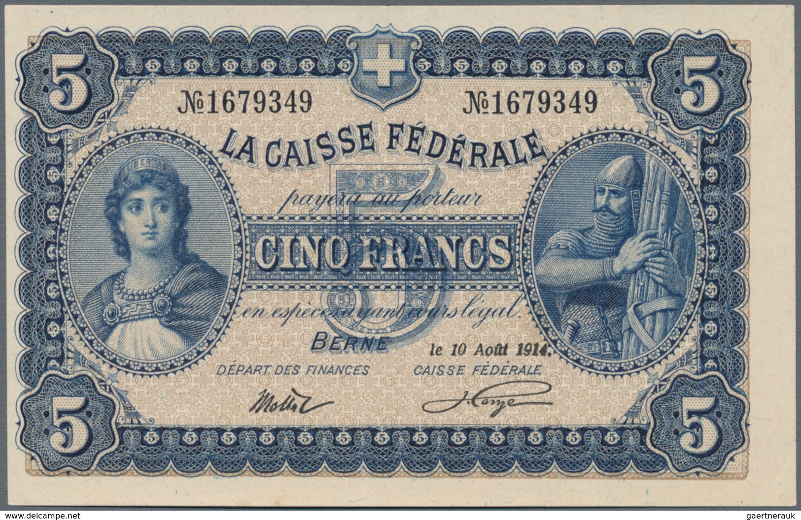 Switzerland / Schweiz: La Caisse Fédérale 5 Francs 1914 With French Text On Front, P.14, Almost Perf - Zwitserland