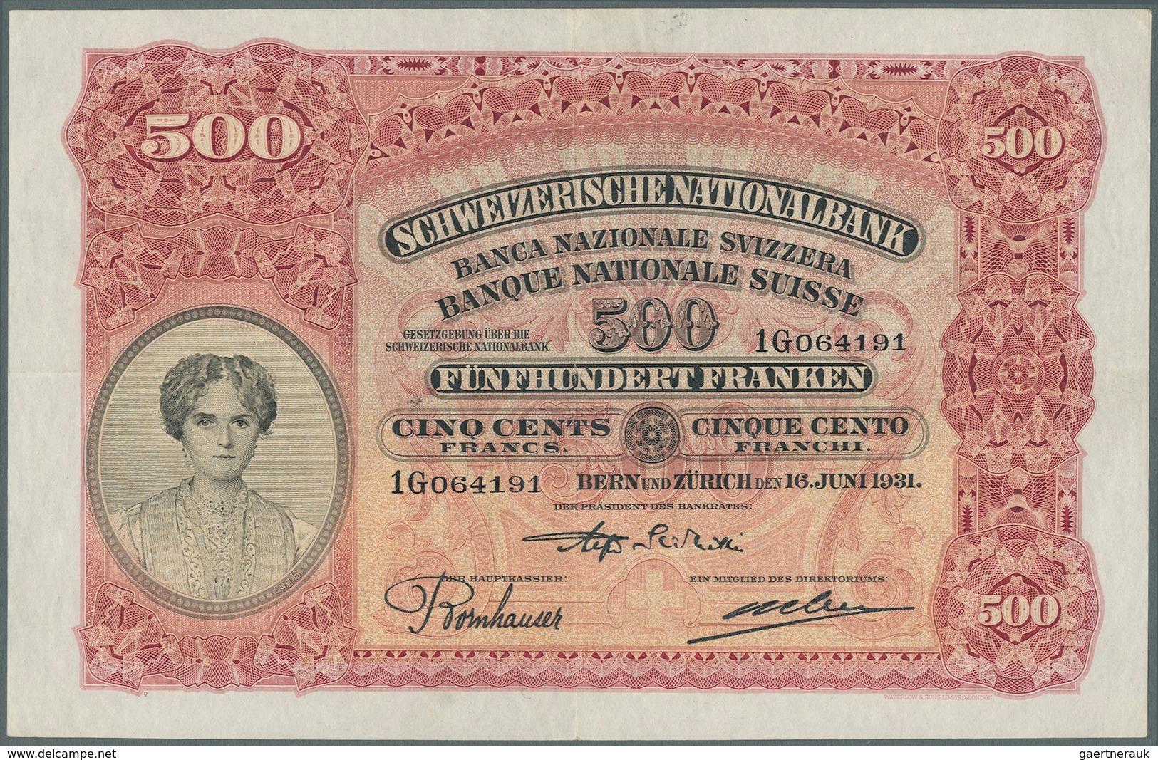 Switzerland / Schweiz: 500 Franken 1931 P. 36b, Great Condition With Only A Center And Horizontal Fo - Zwitserland