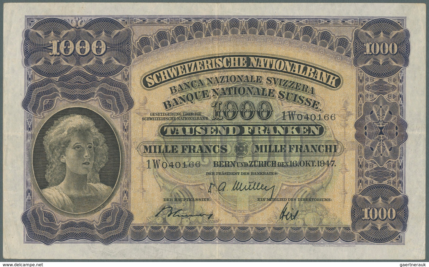 Switzerland / Schweiz: 1000 Franken 1947 P. 37h, Center And Horizontal Fold, Some Light Corner Foldi - Zwitserland