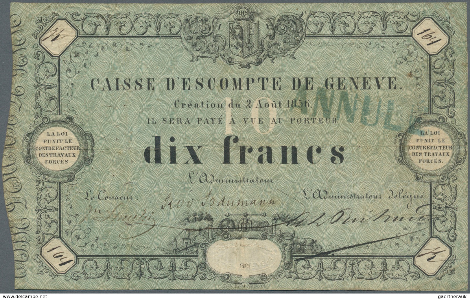 Switzerland / Schweiz: 10 Francs 1856, Caisse D'Escompte De Genève, P. S311, Stamped "Annulé", Used - Schweiz