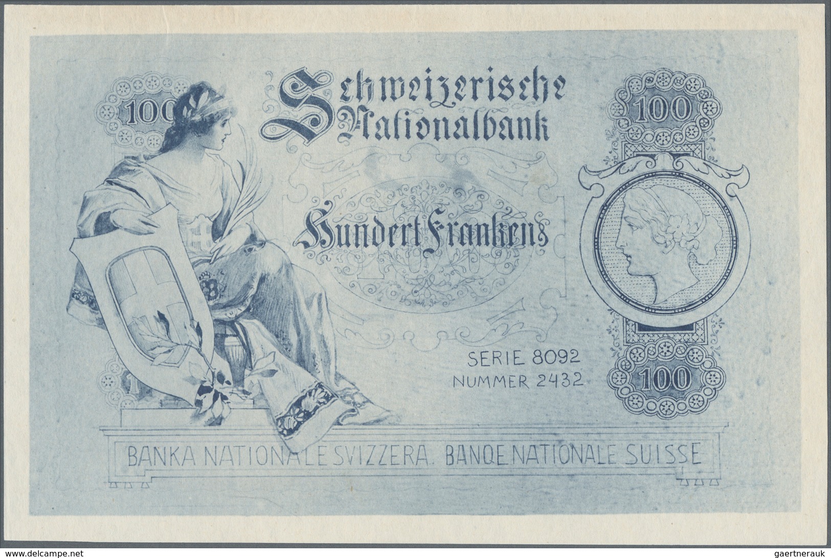 Switzerland / Schweiz: Uniface Offset Printed Design On Normal Paper Of A 100 Franken Note With Seri - Suiza