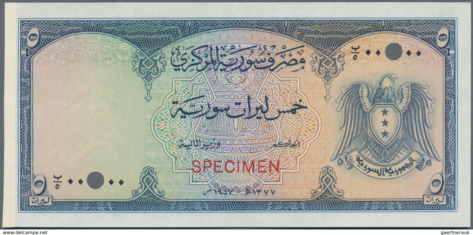 Syria / Syrien: Banque Centrale De Syrie 5 Livres 1957 Color Trial SPECIMEN, P.80cts With Specimen-n - Syrië