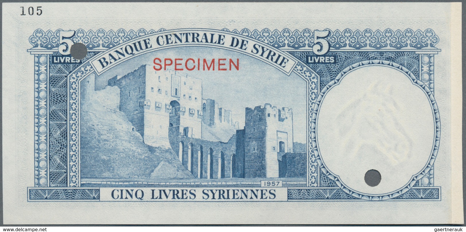 Syria / Syrien: Banque Centrale De Syrie 5 Livres 1957 Color Trial SPECIMEN, P.80cts With Specimen-n - Syrië