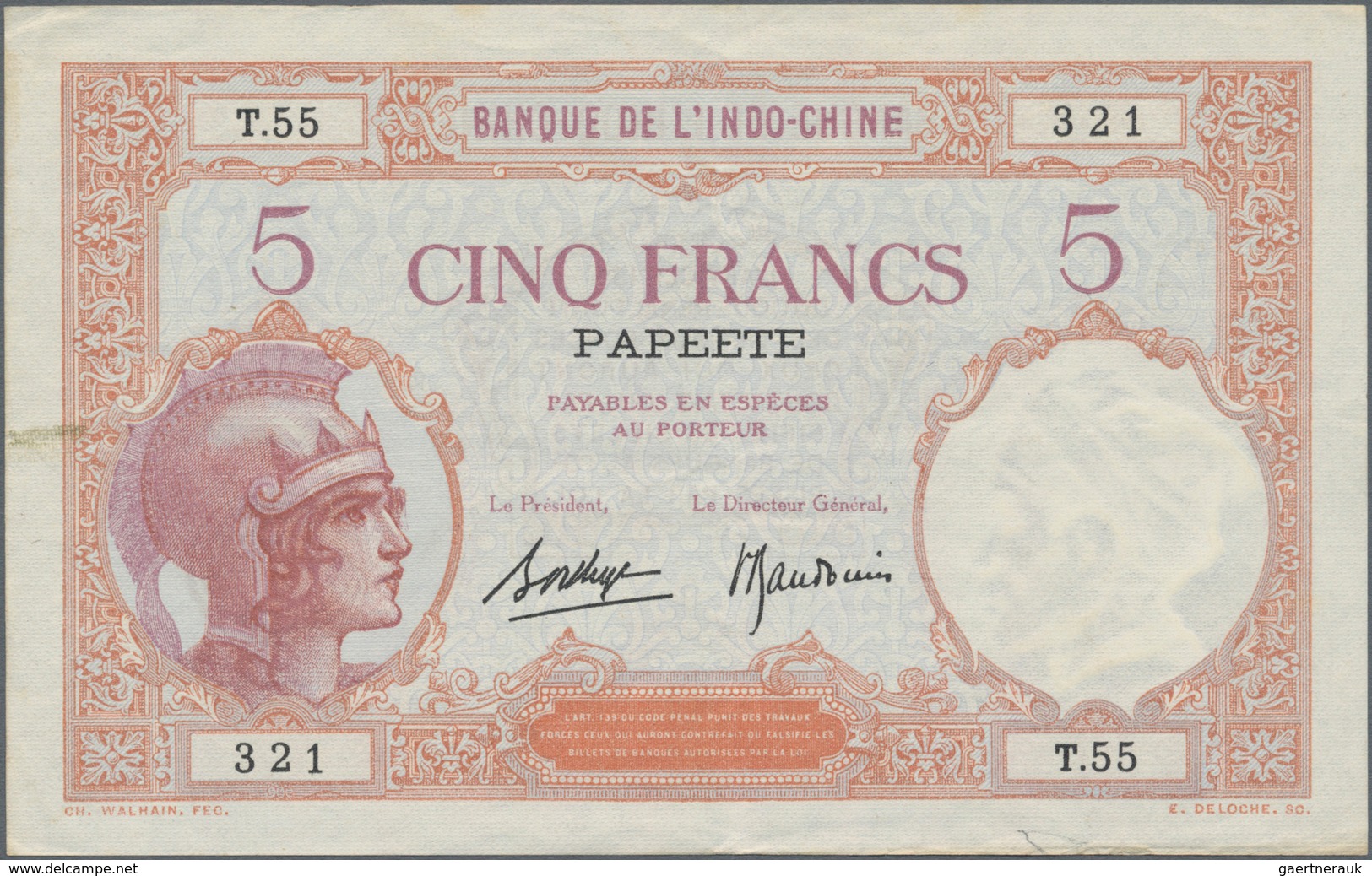 Tahiti: Banque De L'Indochine – Papeete 5 Francs ND(1927), P.11c, Great Condition With Strong Paper - Otros – Oceanía