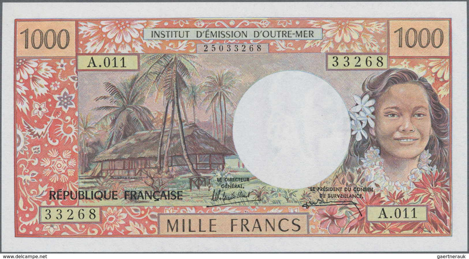 Tahiti: Institut D'Emission D'Outre-Mer – Papeete 1000 Francs ND(1985) With Signatures: Billecart & - Otros – Oceanía