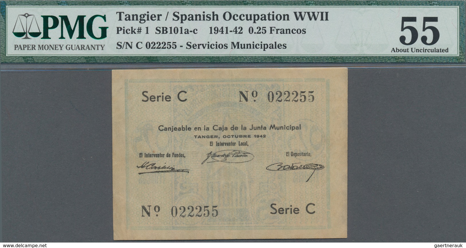 Tangier / Tanger / Banknoten: Servicios Municipales 0,25 Francos 1941/42, P.1, Excellent Condition W - Sonstige & Ohne Zuordnung