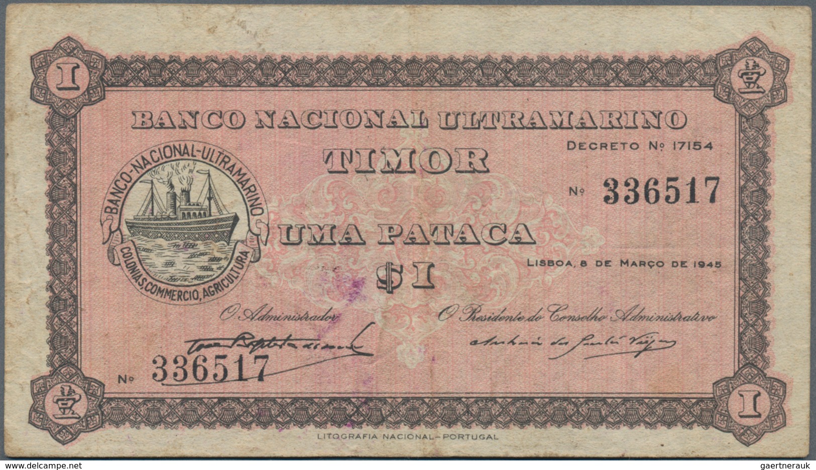 Timor: Banco Nacional Ultramarino 1 Pataca 1945, P.15, Still Nice Original Shape With Strong Paper A - Timor