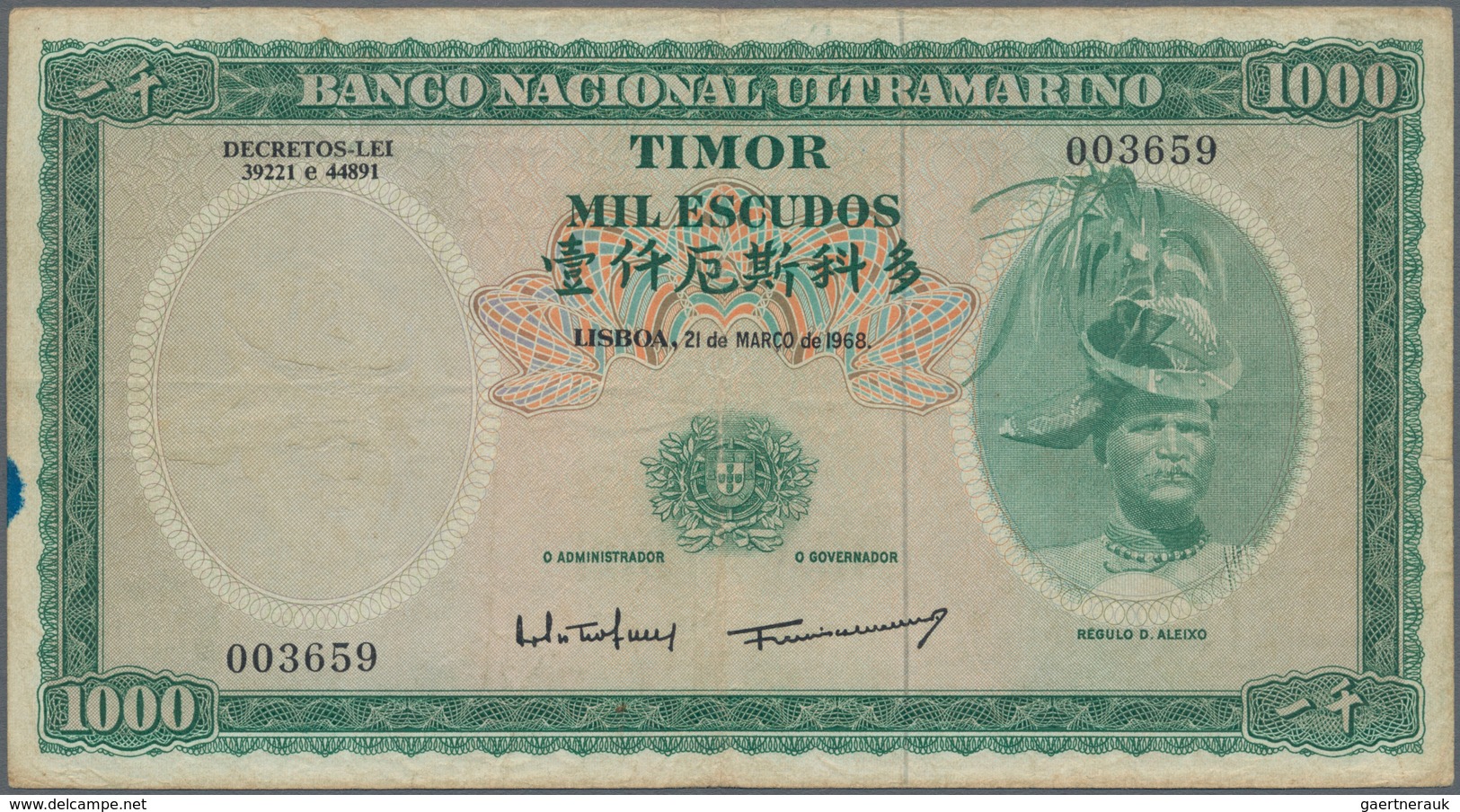 Timor: 1000 Escudos 1968, P.30, Lightly Toned Paper With Several Folds. Condition: F/F+ - Timor