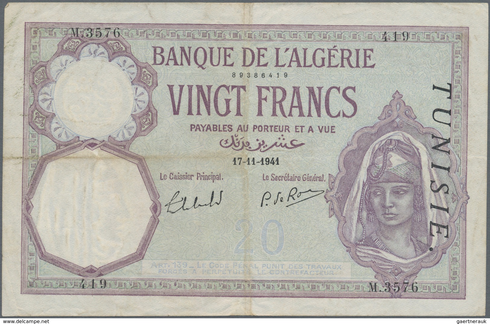 Tunisia / Tunisien: 20 Francs 1941, P.6b, Still Nice With A Few Folds And Minor Spots. Condition: F+ - Tunisia