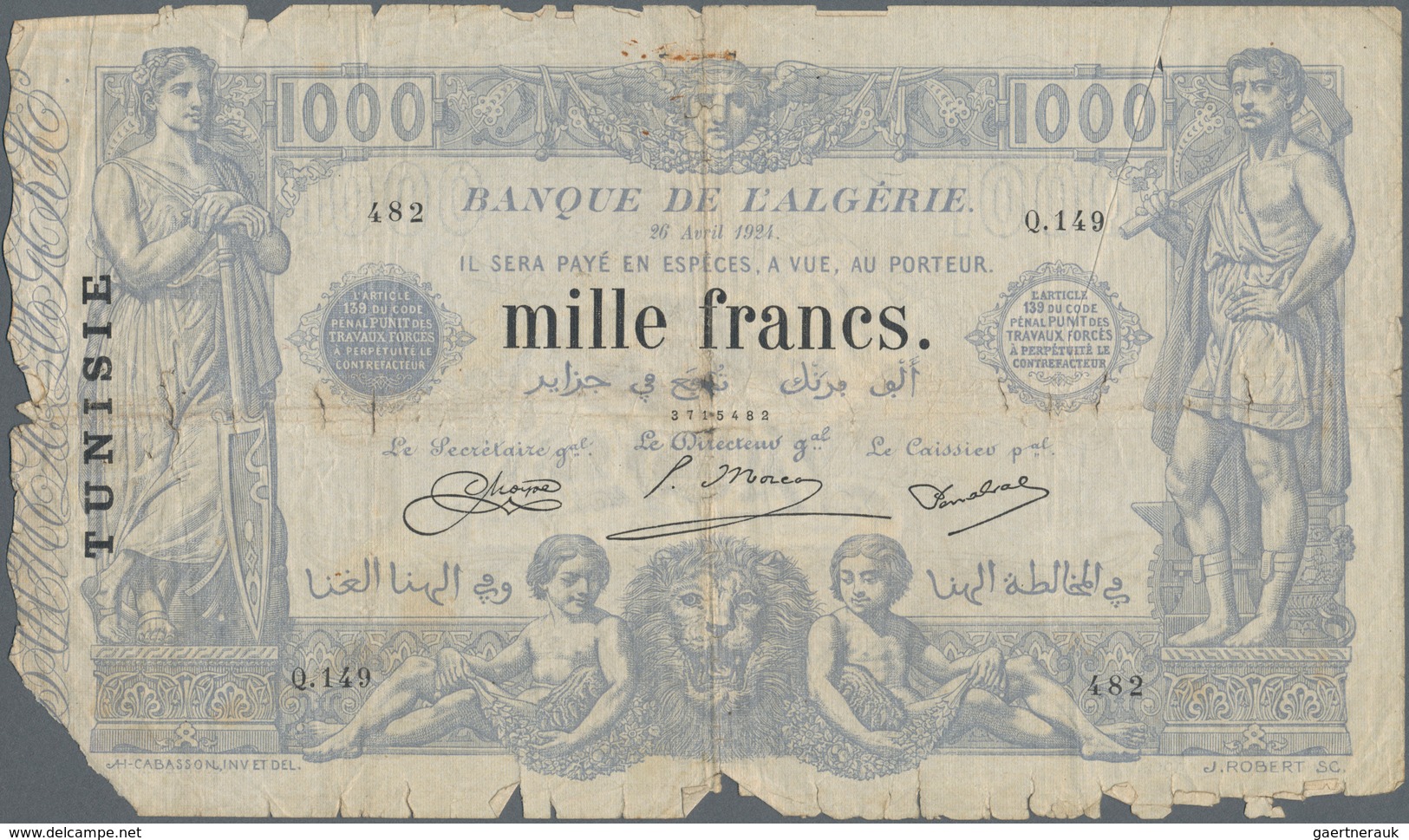 Tunisia / Tunisien: Banque De L'Algérie - TUNISIE 1000 Francs 1924, P.7b, Almost Well Worn Condition - Tunisia
