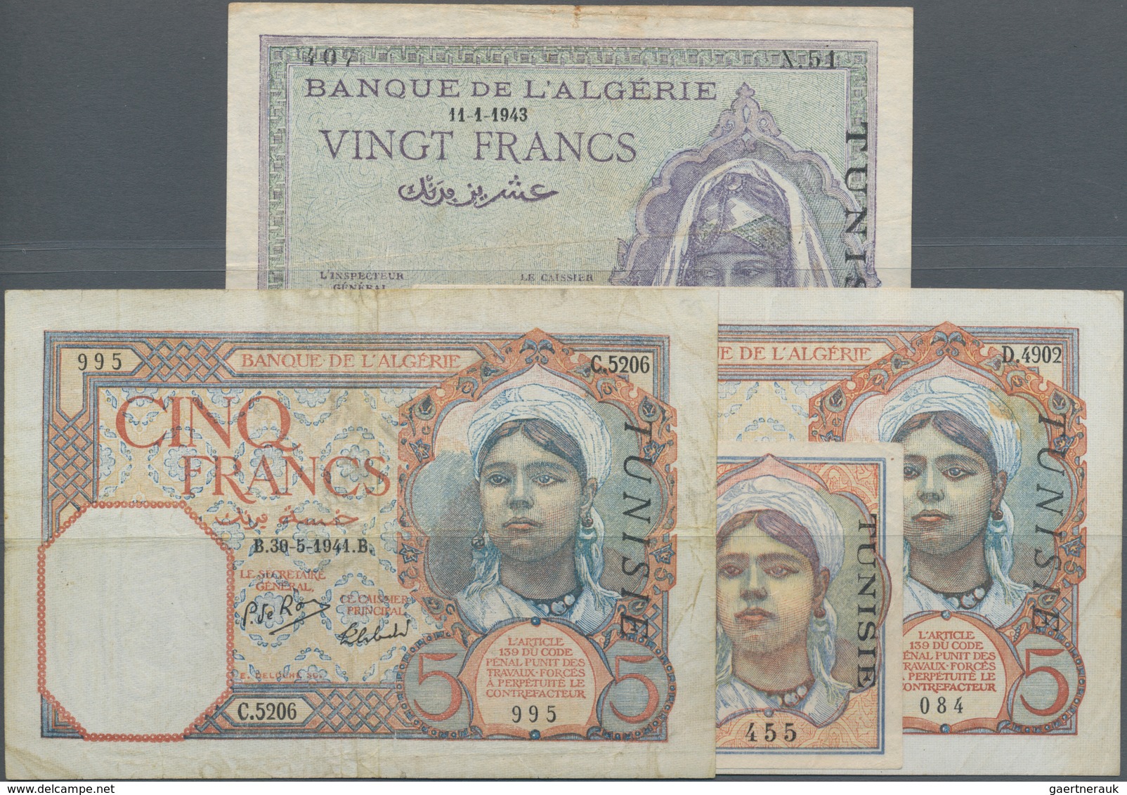 Tunisia / Tunisien: Banque De L'Algérie - TUNISIE, Set With 4 Banknotes 2x 5 Francs 1941 P.8 (F/F+), - Tusesië