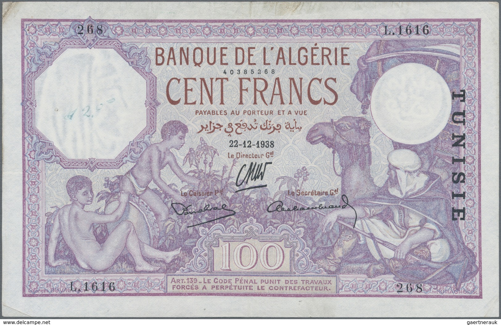 Tunisia / Tunisien: Banque De L'Algérie – TUNISIE 100 Francs 1938, P.10c, Very Nice Original Shape W - Tusesië