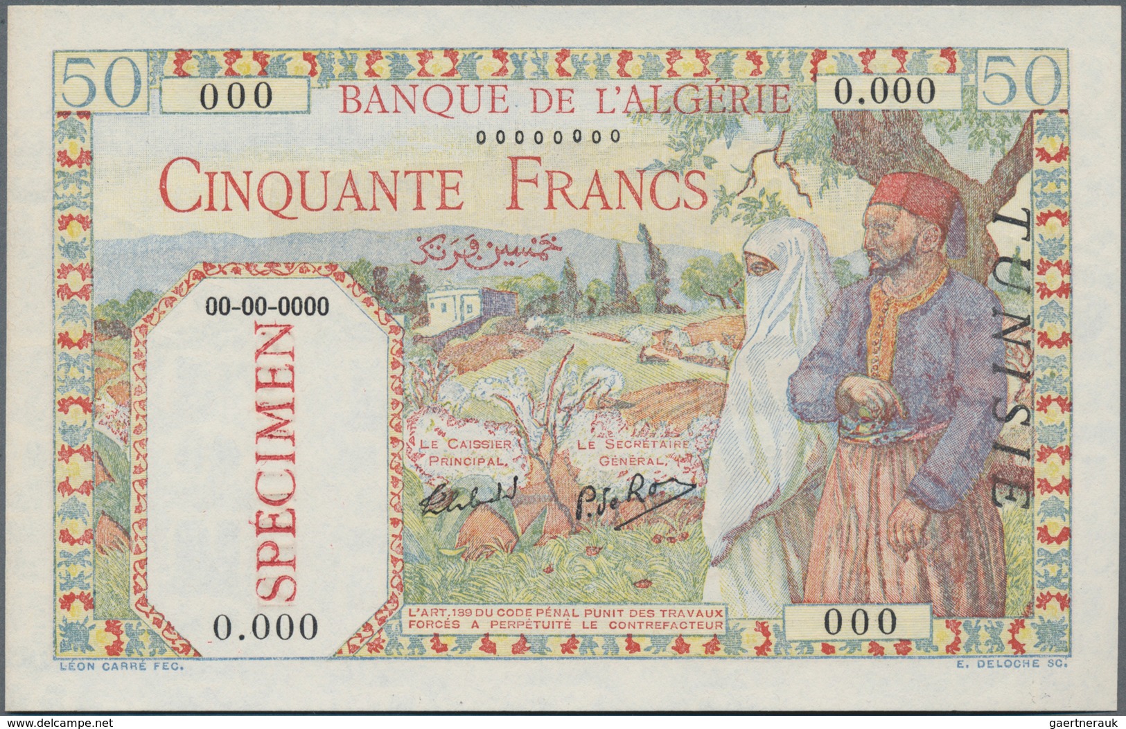 Tunisia / Tunisien:  Banque De L'Algérie – TUNISIE 50 Francs 1938-45 SPECIMEN, P.12s In Perfect UNC - Tunisia