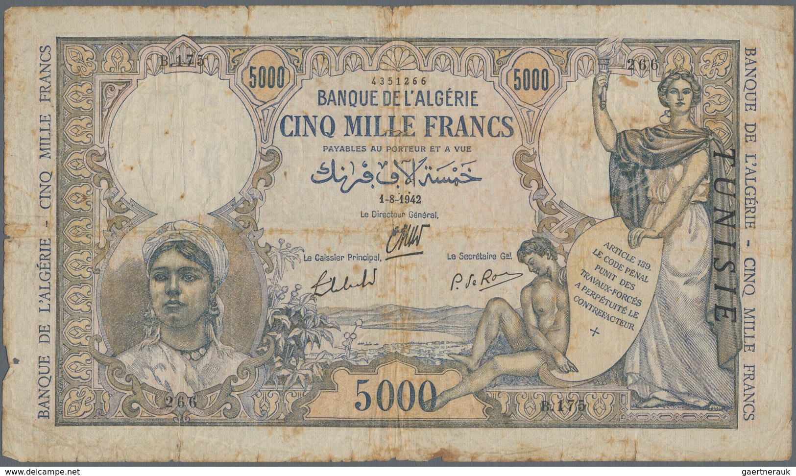 Tunisia / Tunisien: 5000 Francs 1942, P.21, Toned Paper With Small Margin Splits And Small Holes And - Tusesië