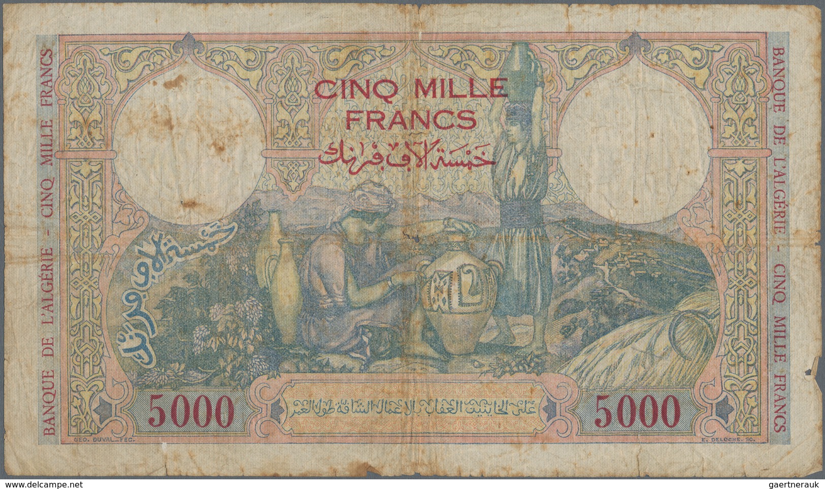 Tunisia / Tunisien: 5000 Francs 1942, P.21, Toned Paper With Small Margin Splits And Small Holes And - Tusesië