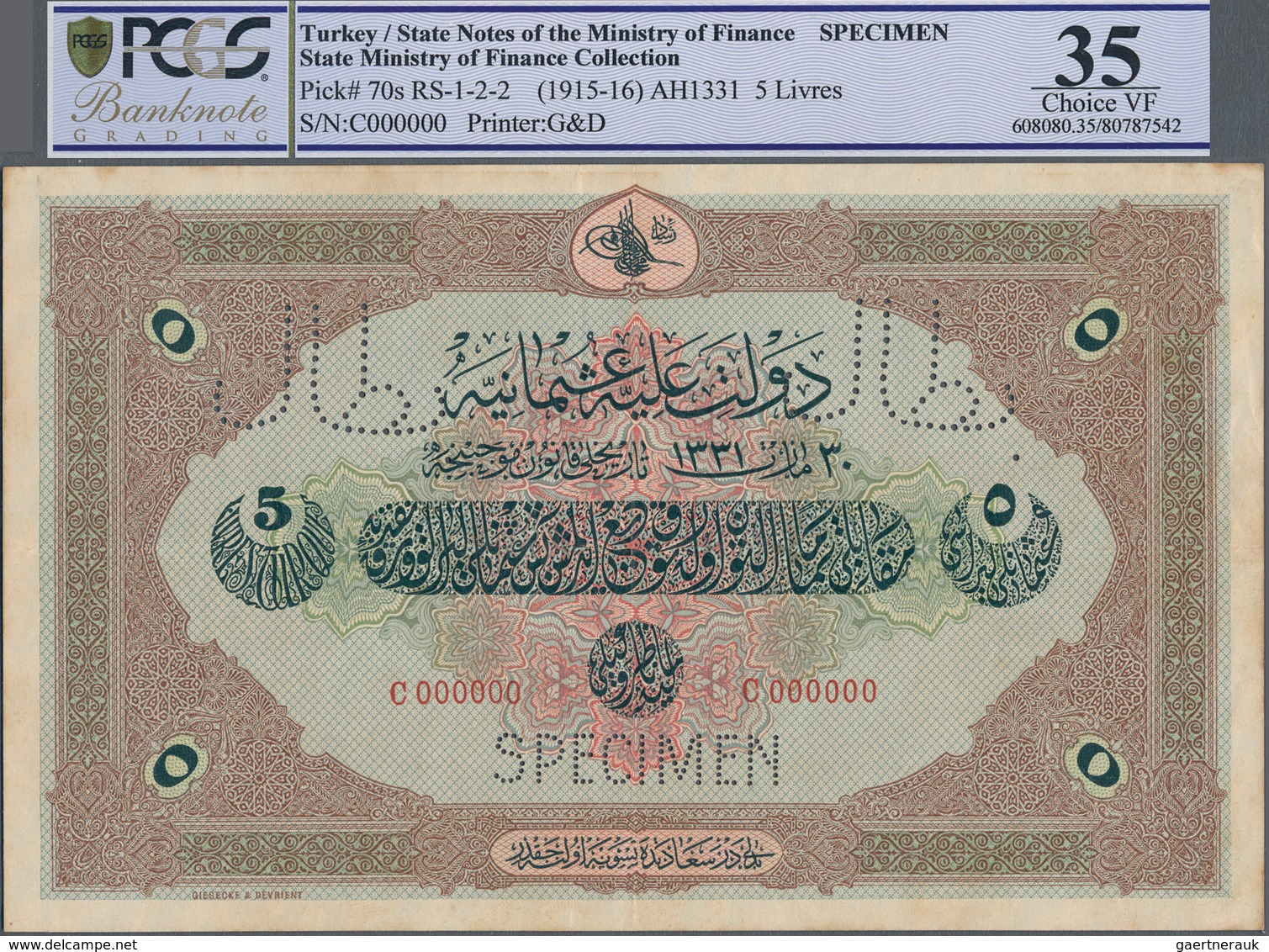 Turkey / Türkei: Rare Specimen Banknote Of 5 Livres ND(1915-16) AH1331, RS-1-2-2, With Arablic Speci - Turkije