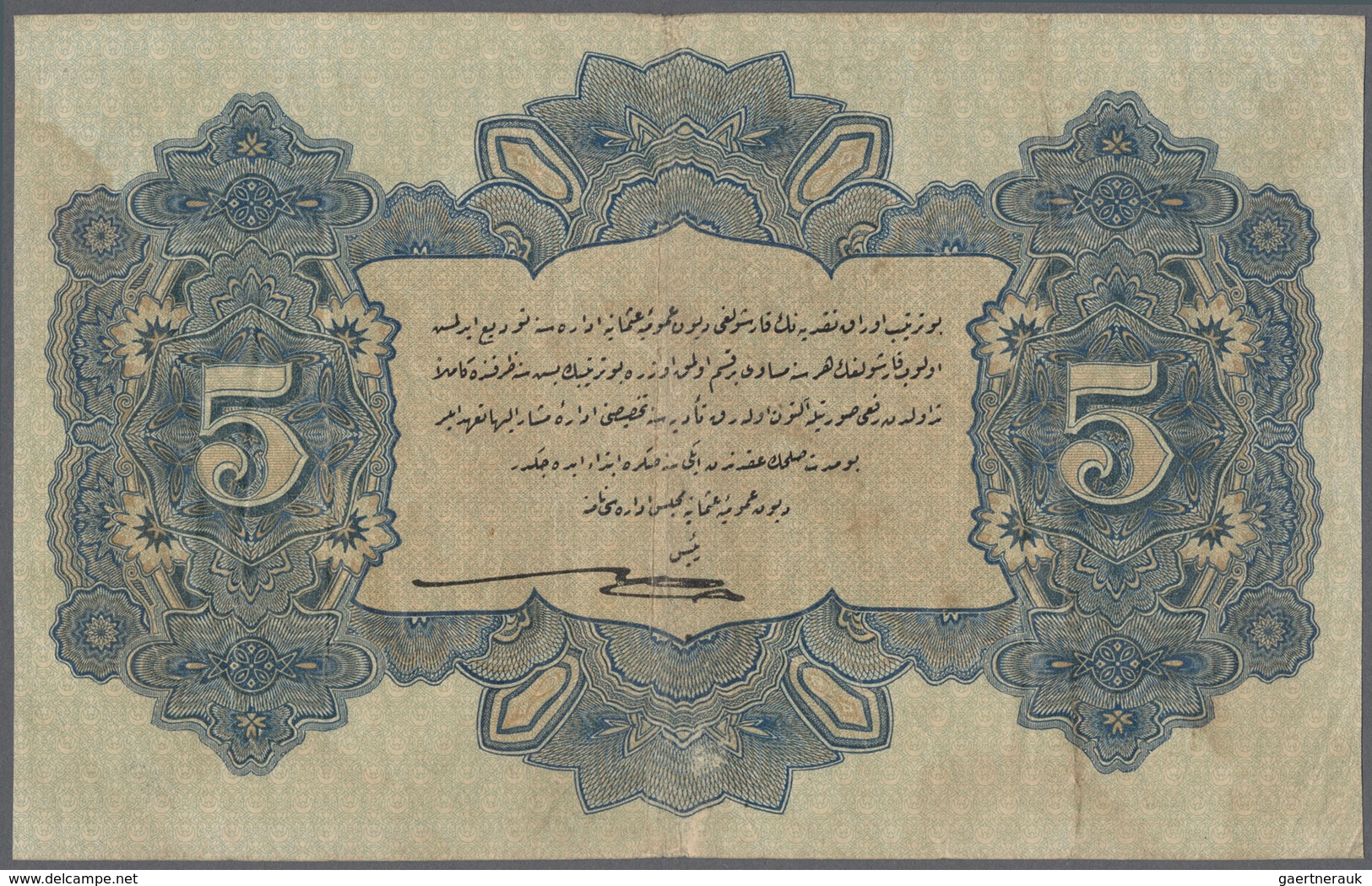 Turkey / Türkei: 5 Livres 1916 P. 91, Vertically Folded Several Times, No Holes Or Tears, Still Ston - Turkije