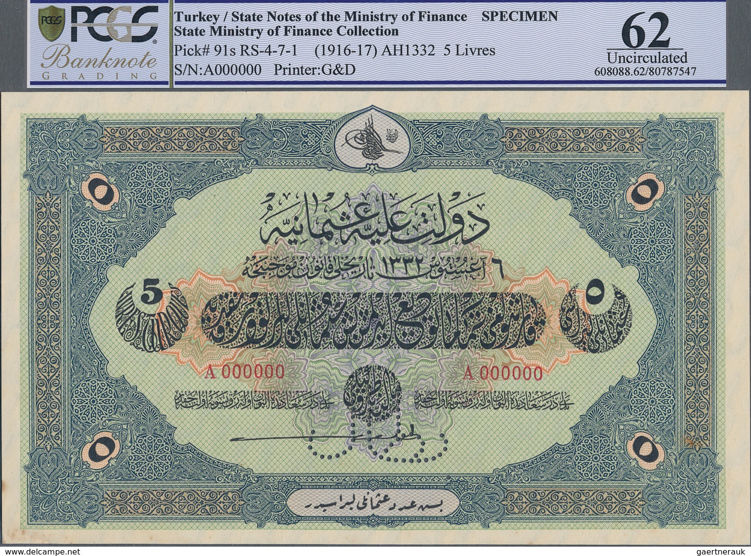 Turkey / Türkei: Rare Specimen Banknote Of 5 Livres ND(1916-17) AH1332, RS-4-7-1, With Arablic Speci - Türkei