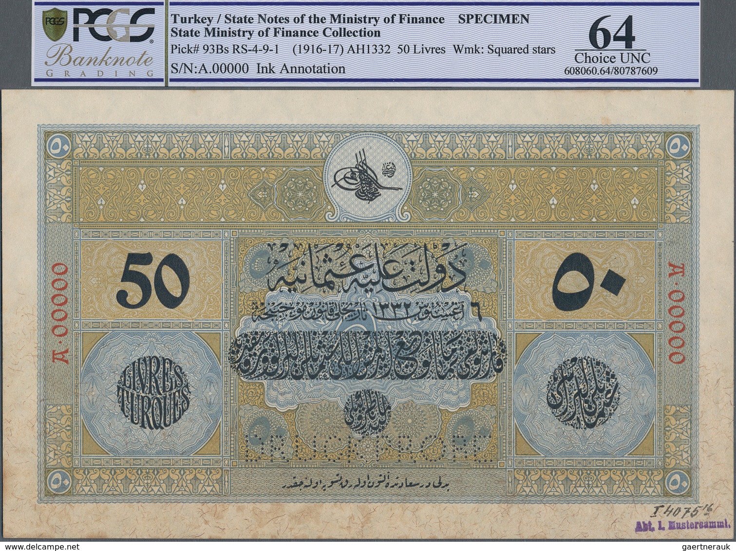 Turkey / Türkei: Rare Specimen Banknote Of 50 Livres ND(1916-17) AH1332, RS-4-9-1, With German Speci - Turkije