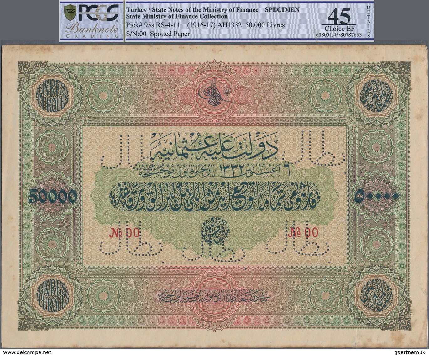 Turkey / Türkei: Highly Rare Specimen Banknote Of 50.000 Livres ND(1916-17) AH1332, RS-4-11, With Ar - Turkije