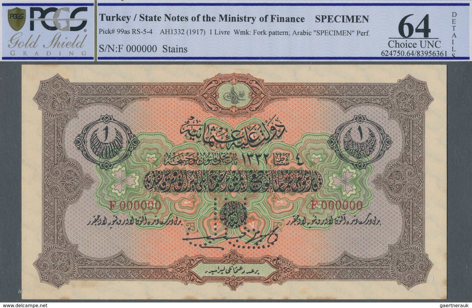 Turkey / Türkei: 1 Livre ND(1917) Specimen P. 99as, Rare Note With Zero Serial Numbers And Specimen - Turquia