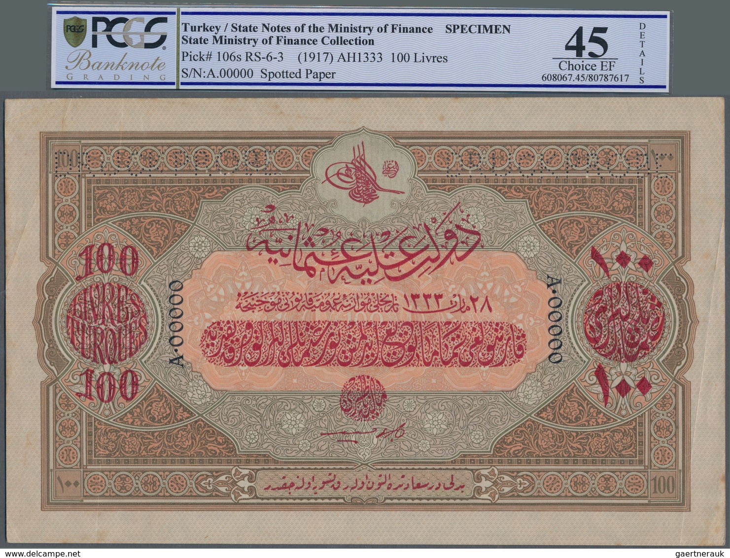 Turkey / Türkei: 100 Livres ND(1917) Specimen P. 106s With Zero Serial Numbers And Specimen Perforat - Turquia