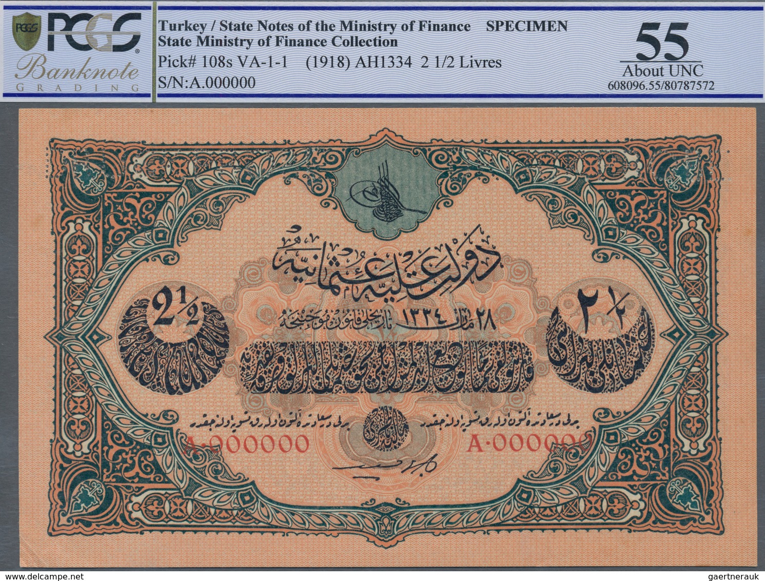 Turkey / Türkei: 2 1/2 Livres ND(1918) Specimen P. 108s, Rare Note With Zero Serial Numbers And Spec - Turkije